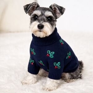 Navy Blue Christmas Pet Dog Sweater with Green & Red Holly Large New with Tags